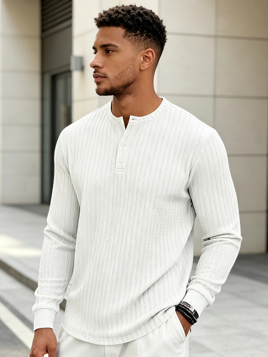 Men'S New Knit Retro Stretch Top, Textured Casual Loose Commuter All-Match Long Sleeve Henley Shirt - White