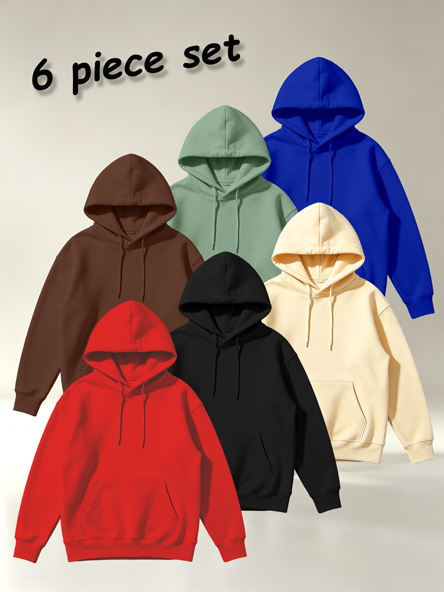 [Villa Joy Water OBM] 6pcs Set Solid Color Basic Hooded Sweatshirt Set Unisex Multi-Color Loose Pullover with Kangaroo Pocket Basic Style Autumn Winter Hoodie Combination - Red+Black+Apricot+Brown+Light Green+Royal Blue