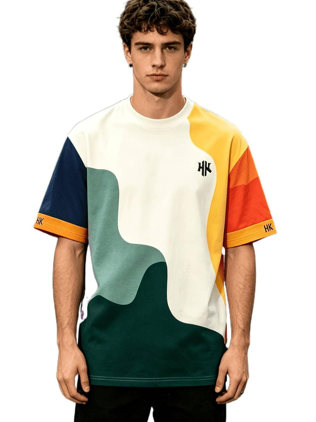 [Printed Design-Not Textured] 2026 New White Green Color-Block Wavy Patchwork Men'S T-Shirt, Suitable for Home And Outdoor Casual Top - Mixed Color 1