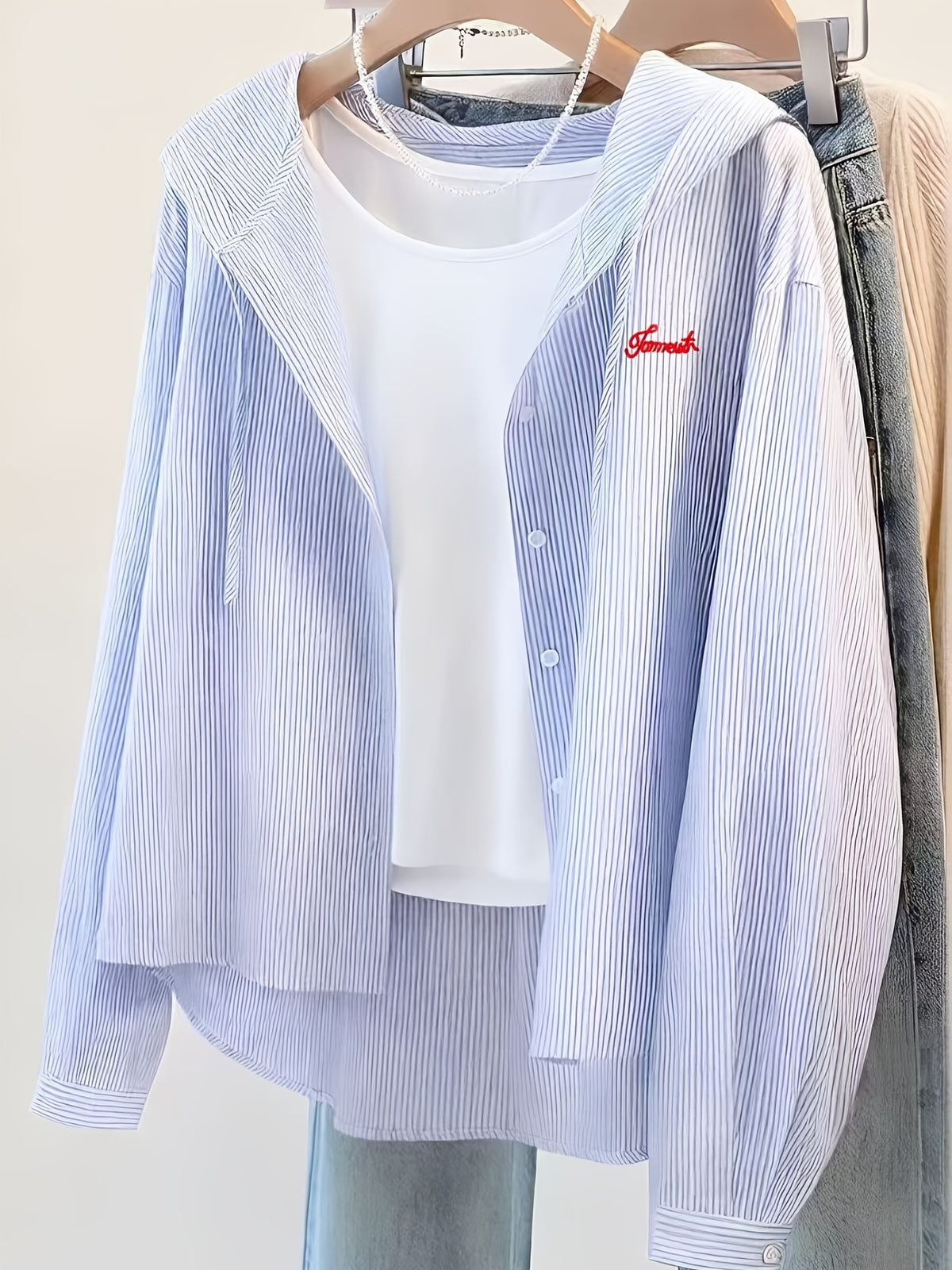Women's Vertical Stripe Blue Embroidered Casual Shirt - 2026 New Hooded Shirt - Powder blue
