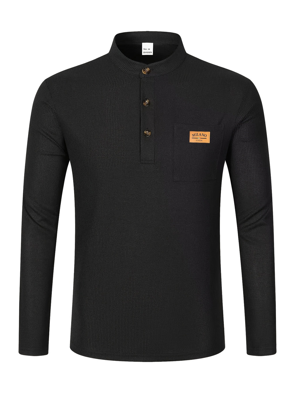 Maqiqi OBM Men's Fashion Waffle Knit Long Sleeve Henley Shirt, Stand Collar Button-Up Top with Chest Pocket and Positioned Printed LOGO, Casual Regular Fit Solid Color Spring/Autumn Daily Top - Black