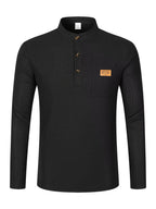 Maqiqi OBM Men's Fashion Waffle Knit Long Sleeve Henley Shirt, Stand Collar Button-Up Top with Chest Pocket and Positioned Printed LOGO, Casual Regular Fit Solid Color Spring/Autumn Daily Top - Black