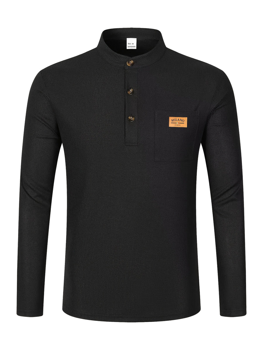 Maqiqi OBM Men's Fashion Waffle Knit Long Sleeve Henley Shirt, Stand Collar Button-Up Top with Chest Pocket and Positioned Printed LOGO, Casual Regular Fit Solid Color Spring/Autumn Daily Top - Black