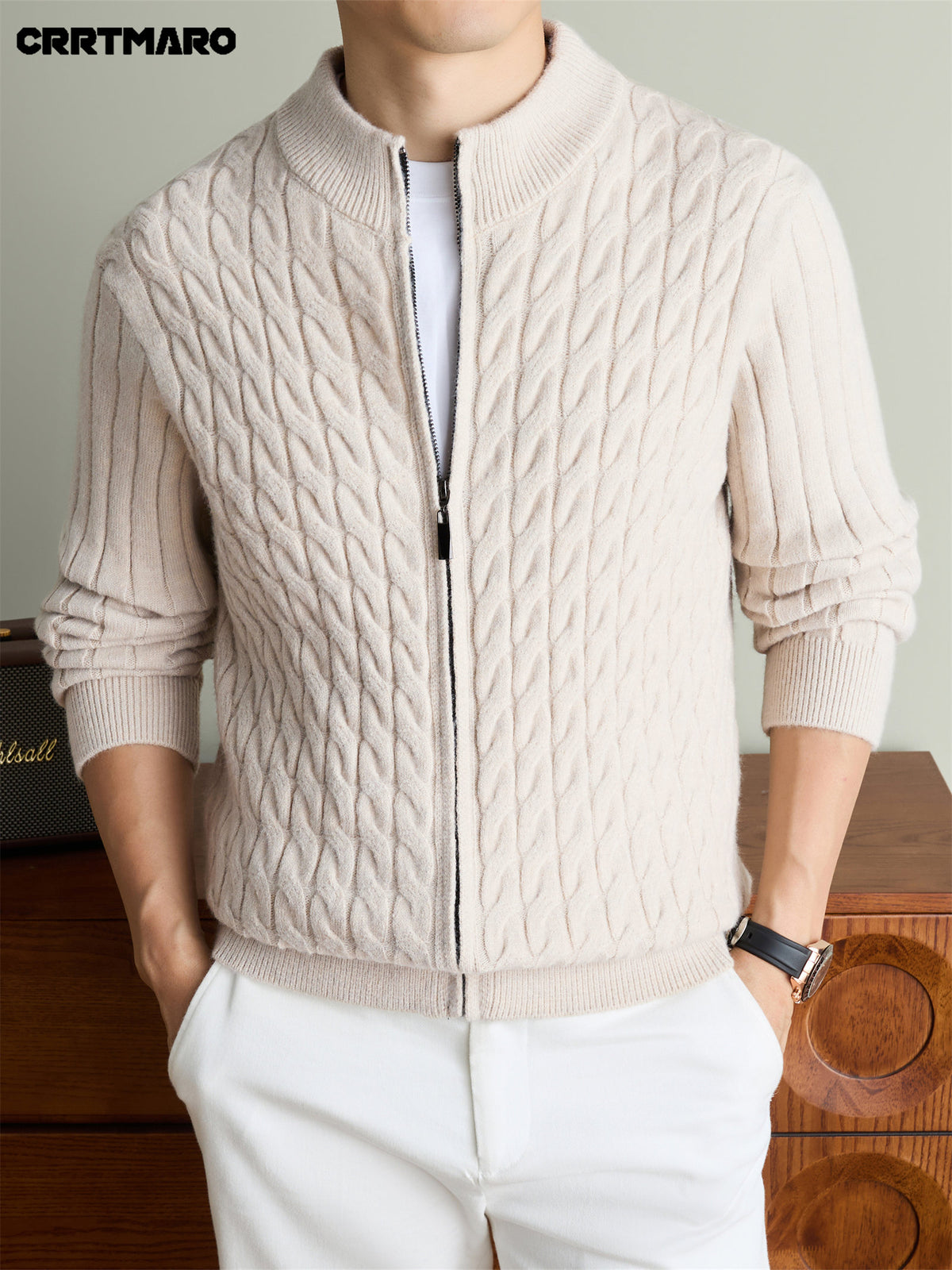 Men'S Heavyweight Thick Zip Neck Mock Neck Knit Cardigan, Warm Casual Layering Top for Fall And Winter - Beige gray