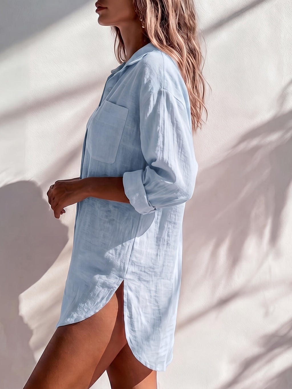 Women'S Solid Color Long Sleeve Mid-Length Shirt, Casual Everyday Wear, Temperament Easy Commute Style, Straight Loose Fit, Comfortable And Breathable Fabric, Seaside Vacation, Home Comfort Wear, Spring Summer Fall Winter All-Season Women'S Shirt - Bright Steel Blue