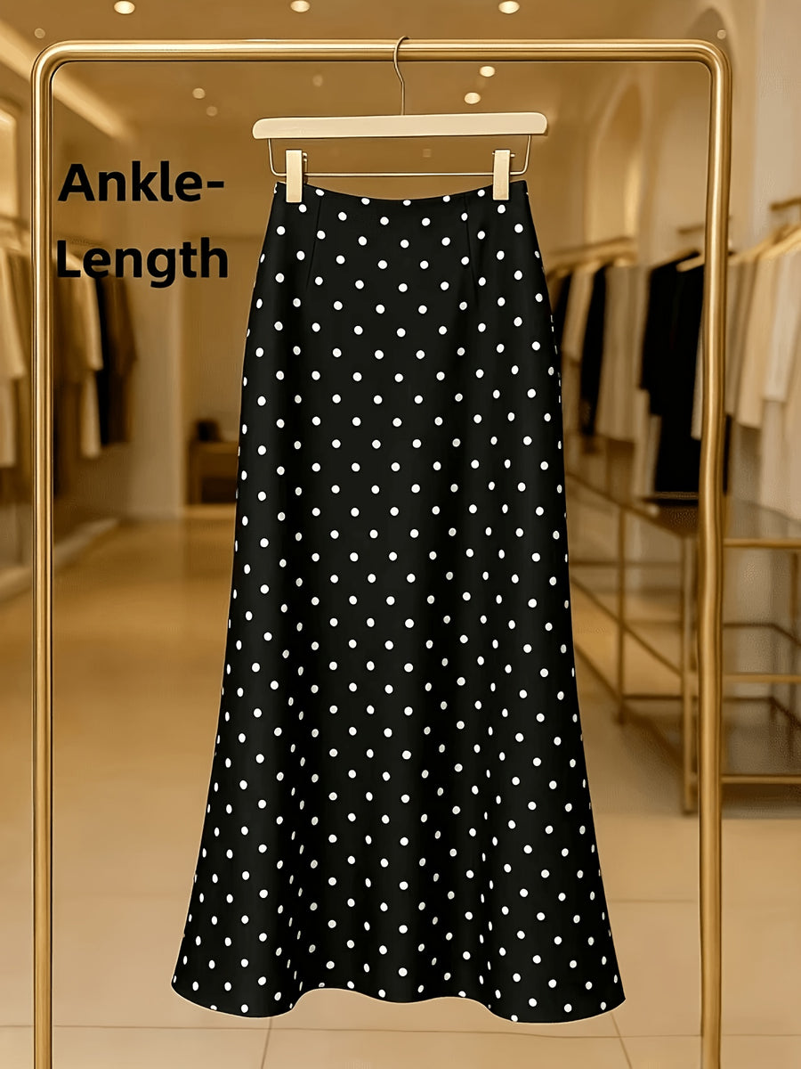 French-Style Polka Dot Mermaid Skirt for Women, High-Waist Hip-Covering 9-Inch Hem Skirt, Spring/Summer Commuter Flowy Long Skirt - Black