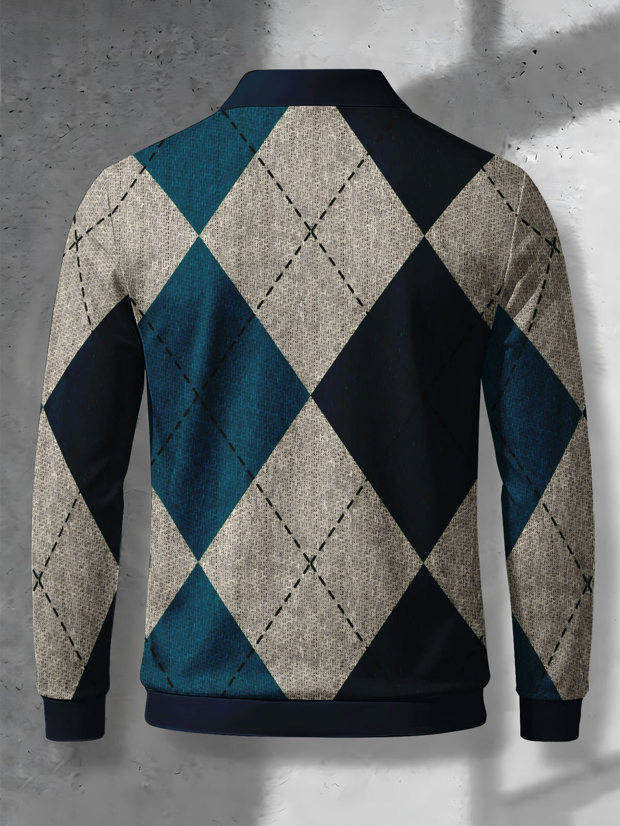 Men'S Lapel Half-Zip Polo Shirt, Geometric Retro Casual Polo Top, Suitable for Spring And Autumn Wear, Gift for Boyfriend - Mixed colors