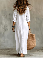 Women'S Spring Summer Autumn Bohemian Solid Color Semi-Open Neck Lapel Long Shirt, Casual Button-Up Relaxed Style Long Sleeve Shirt Dress, Breathable Beach Vacation, Travel, Daily Wear Long Shirt Dress - White