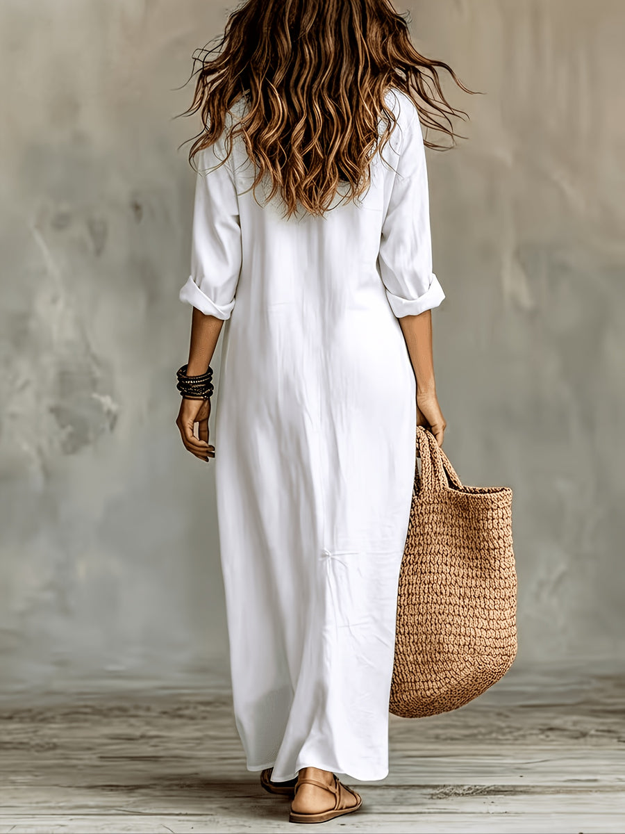 Women'S Spring Summer Autumn Bohemian Solid Color Semi-Open Neck Lapel Long Shirt, Casual Button-Up Relaxed Style Long Sleeve Shirt Dress, Breathable Beach Vacation, Travel, Daily Wear Long Shirt Dress - White
