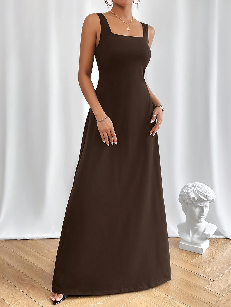 Women's Elegant Square Neck Sleeveless Knit Dress - Summer Lightweight Solid Color Machine Washable Versatile Casual to Formal Wear, Everyday Fashion, Sophisticated Style - Coffee Brown