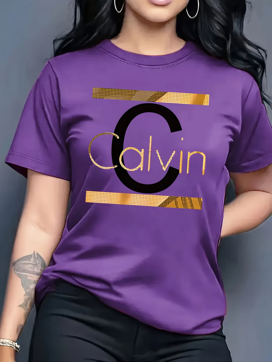 Calvin, Spring and Summer Graphic Print T-shirt, Short Sleeve Crew Neck Casual Top for Summer & Spring, Women's Clothing - Deep Purple