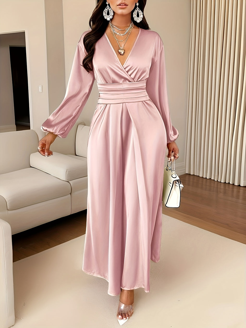 Women's Solid-color Simple Daily and Party Banquet Satin Bridesmaid Dress with Pleated Design - Pink