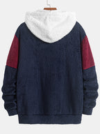 Men'S Bear Embroidered Hooded Plush Sweatshirt, National Trend Contrast Patchwork Thickened Warm Jacket, 3D Loose Winter -10°C Cold-Resistant Trendy Men'S Top - Navy Color