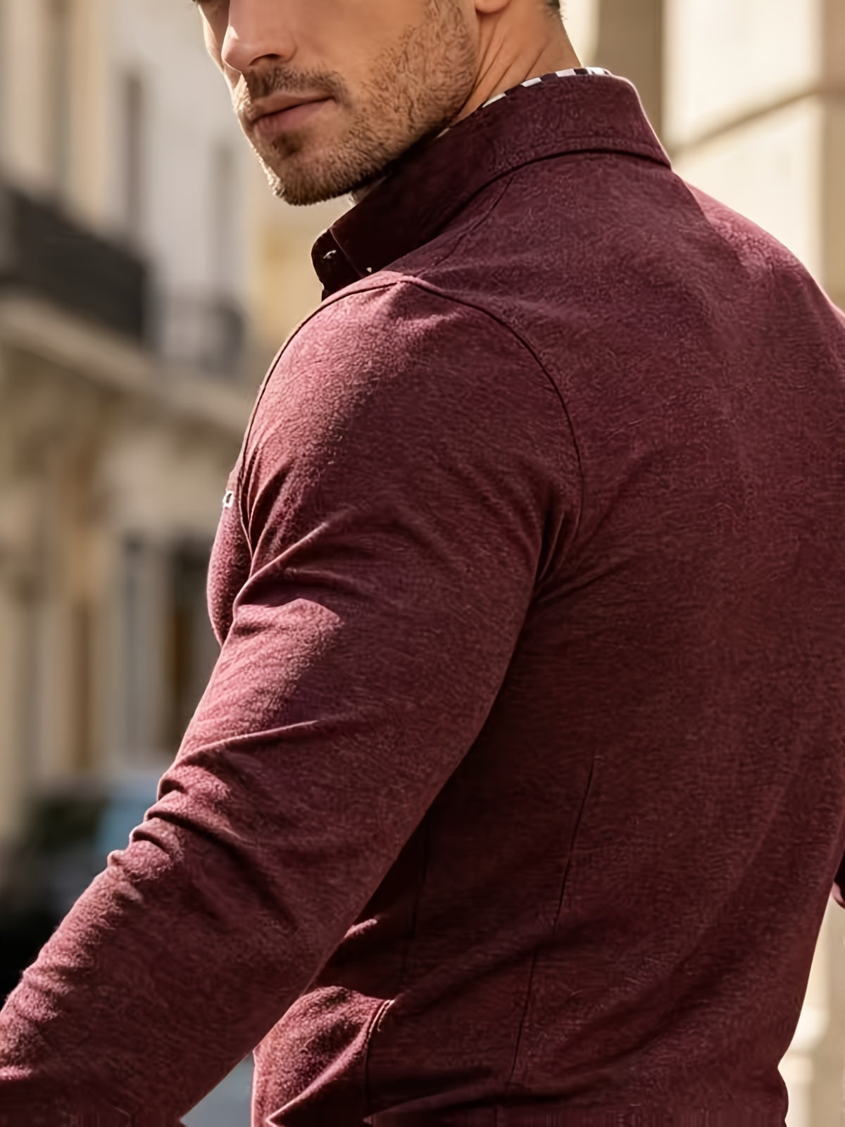EnglishContrast Pocket Long Sleeve Collared Polo Stretch Slim Fit Business Casual Men T Shirt - Burgundy