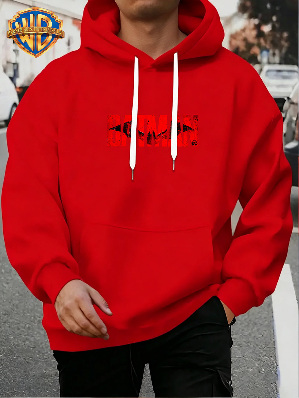 Warner Men'S Autumn Winter Hoodie, Batman Theme Print Trendy Sweatshirt, Gotham City Series Athletic Preppy Design, Unisex Street Fashion Item for Casual Wear And Leisure Travel, Popular Element Enhancement - Red