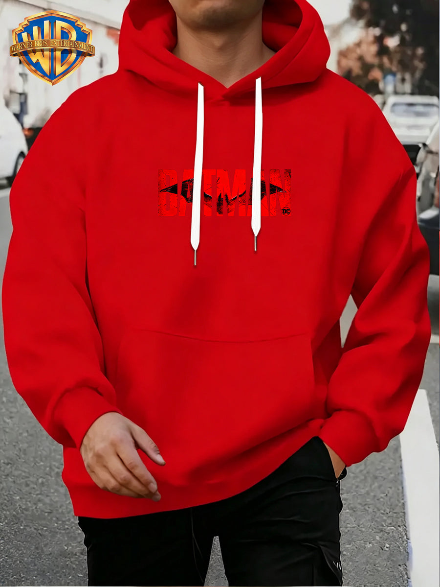 Warner Men'S Autumn Winter Hoodie, Batman Theme Print Trendy Sweatshirt, Gotham City Series Athletic Preppy Design, Unisex Street Fashion Item for Casual Wear And Leisure Travel, Popular Element Enhancement - Red