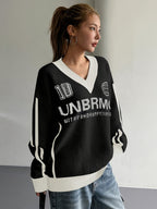 Women's Designer Academic Style V-Neck Vintage Streetwear Sweatshirt with American Lettering and Color Blocking - Black