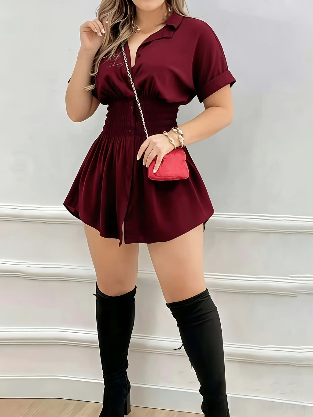 Women's Fashionable Pure-colored Pleated Short-sleeved Shirt Dress - Burgundy
