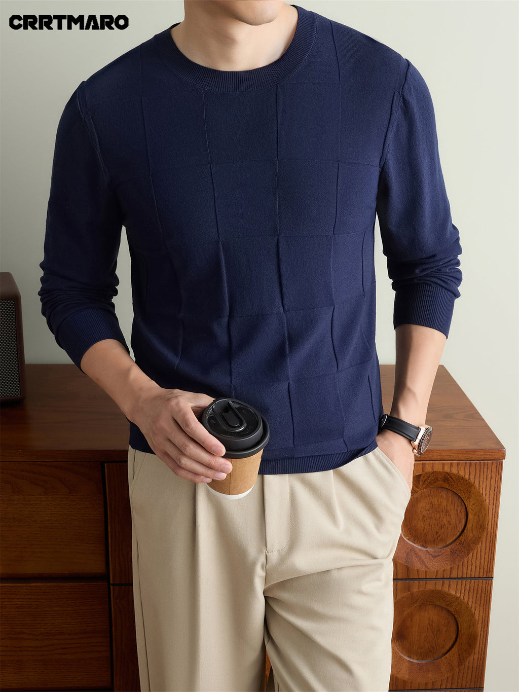 Men's CRRTMARO Textured Check Sweater - Warm Crew Neck Pullover Sweater Suitable for Fall & Winter, Casual Layering Top with Solid Color Base, Regular Fit Sweater for Office, -Casual Wear (Hand Washable) - Shangqing
