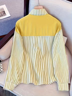 Women's Casual Striped Shirt, Patchwork Top - Lemon Yellow
