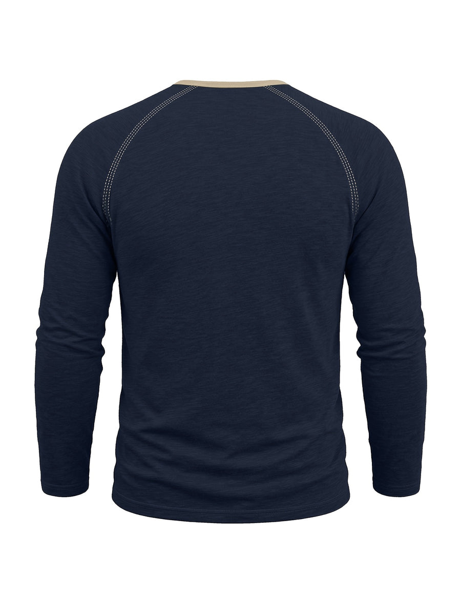 Autumn/Winter Cross-Border Men's Long Sleeve Crew Neck Henley Shirt, European and American Style Men's Pullover Base Layer T-Shirt - Royal Blue