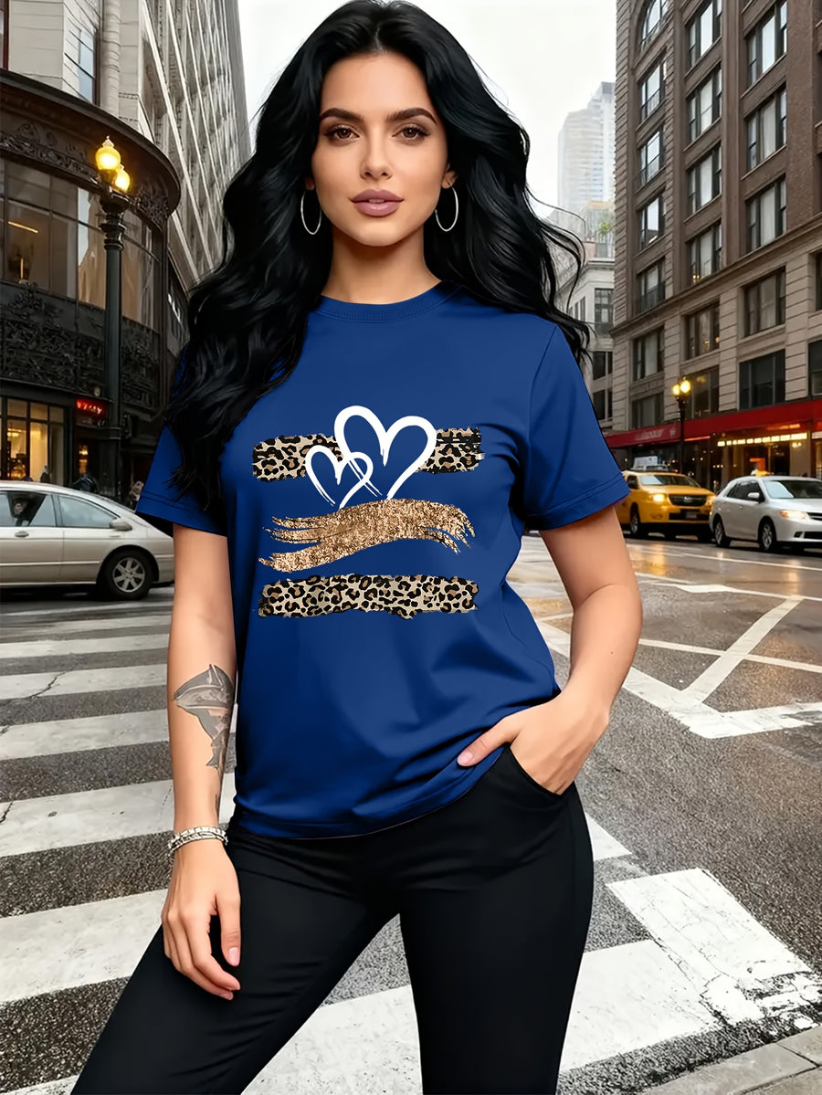 Leopard Print Heart Glitter-themed Pattern Print, Fashionable Breathable T-shirt, for Family Travel,, Casual S, Daily Commutes, Matching Outfits for Sisters, Versatile T-shirt 30057 - Blue