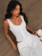 Women's Single-Breasted Fitted Lace Trim Patchwork Camisole - White
