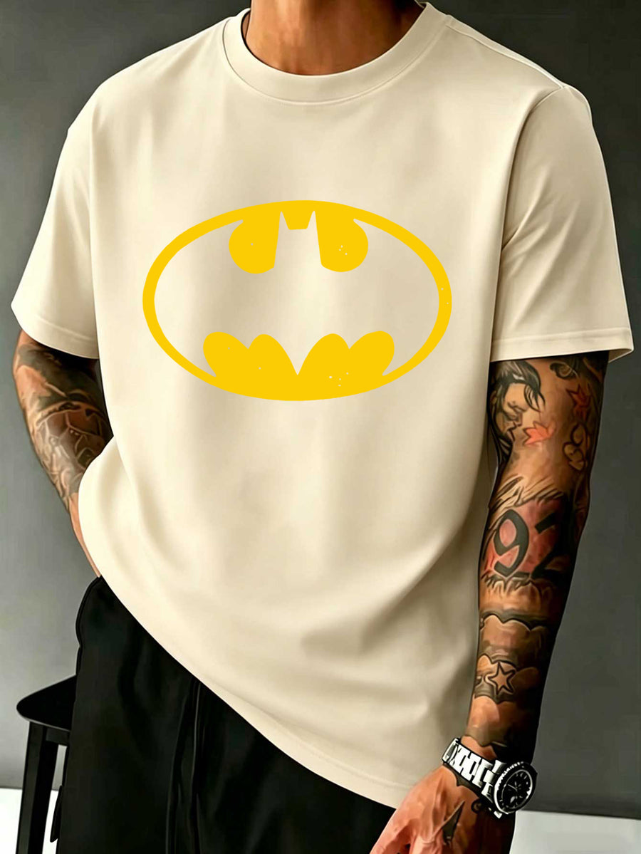 Warner Licensed DC Distressed Granular Yellow Oval Batman Batman Classic Badge Easy Print Loose Round Neck Short Sleeve T-Shirt - Apricot