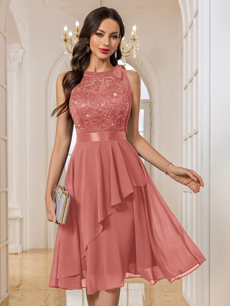 84170A Women's Elegant Round Neck Bow Tie Detail Back Cut-Out Sequin Lace Patchwork Chiffon Asymmetrical Ruffle Hem Midi Party Gown Evening Dress - Cinnamon