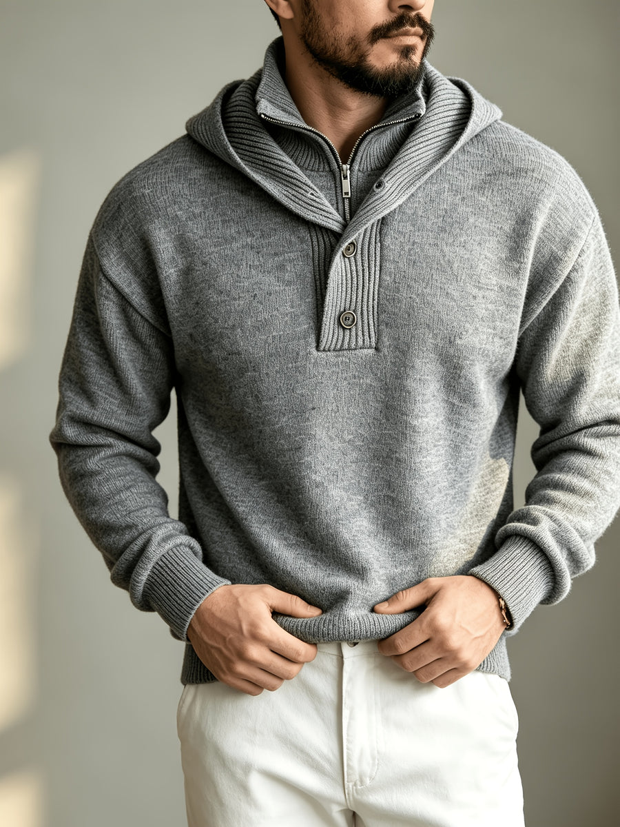 Autumn/Winter Men's 2-in-1 Look Hooded Knit Sweater, Half-Zip High Neck Design with Overlay Button Placket, Fine, Soft, and Skin-Friendly Fabric, Regular Fit for Slimming and Concealing. A Versatile Top for Casual and Daily Commutes, a Warm - Light Grey