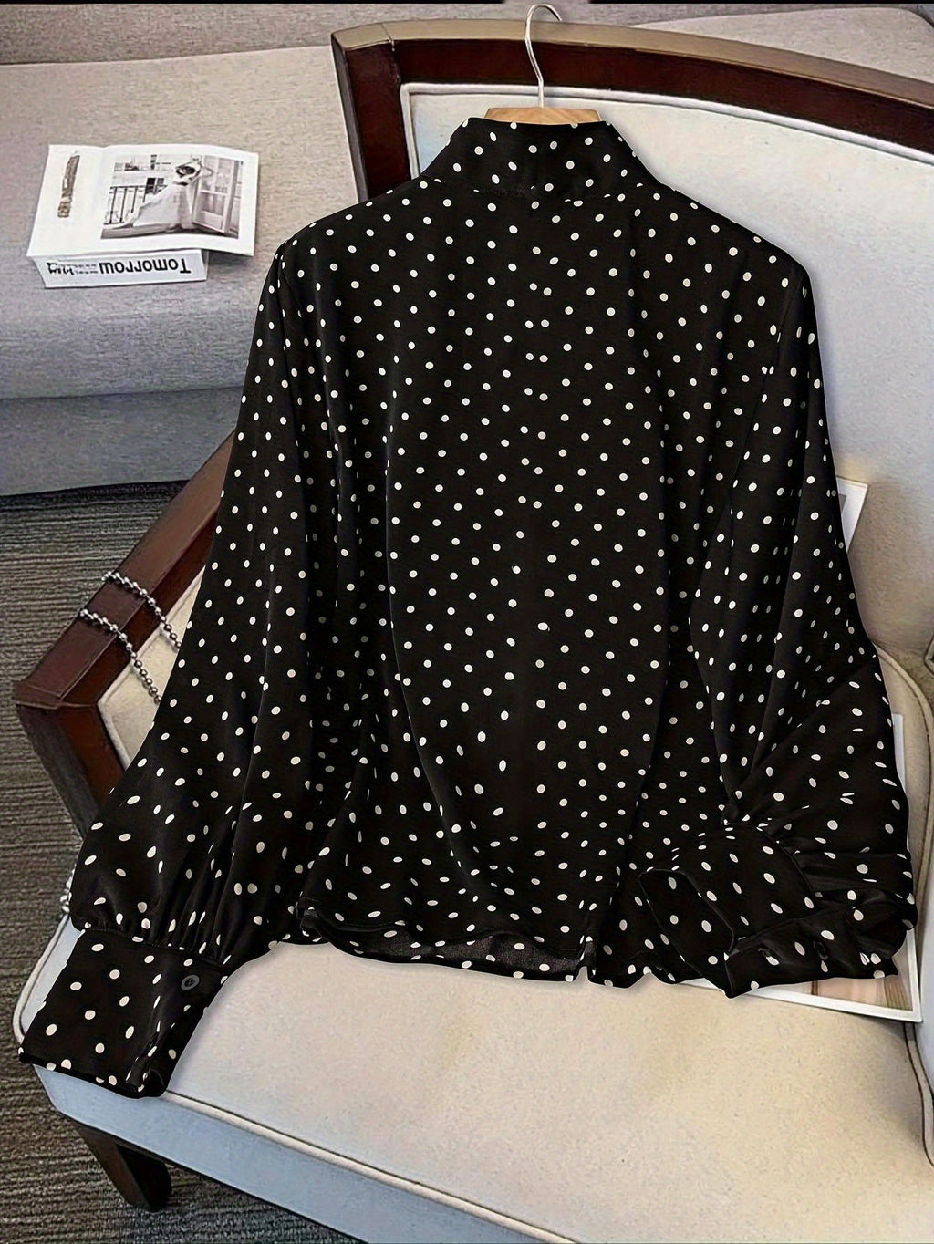 Women'S Elegant Tie-Front Long Sleeve Polka Dot Printed Statement Shirt, Suitable for Daily And Commute Wear - Black