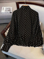 Women'S Elegant Tie-Front Long Sleeve Polka Dot Printed Statement Shirt, Suitable for Daily And Commute Wear - Black