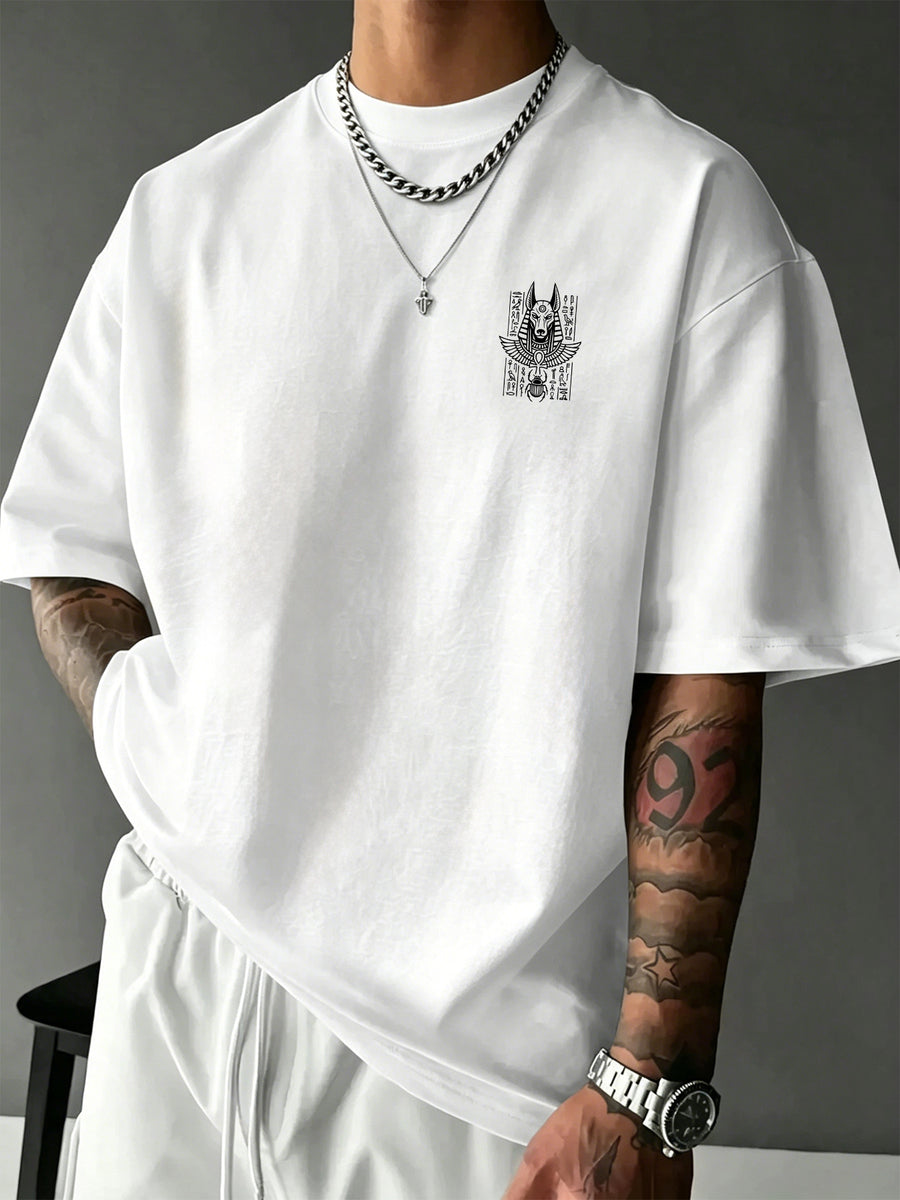 Men's 100% Pure Cotton T-Shirt with Anubis Scarab Egyptian Element Print, Casual, Comfortable, and Breathable for All Seasons - White