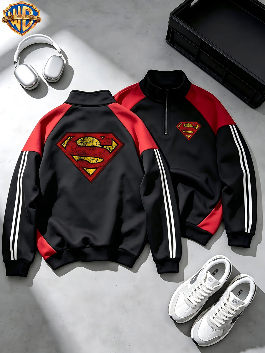 Men'S Half-Zip Stand Collar Sweatshirt, Retro Cracked Distressed Superman Classic S Shield Print, Black Red Contrast Patchwork with Double Stripes Long Sleeve Top, Autumn Winter Loose Casual Athletic Pullover Jacket, Trendy Outerwear for Daily Wear - Red And Black
