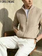 FORLENGKE Men'S Half-Turtleneck Zip-Up Knit Cardigan with Vintage Cable Knit Texture, Solid Color Sweater Jacket, New Autumn/Winter Trendy Long-Sleeve Top, Soft And Skin-Friendly Knit Fabric, Perfect for Everyday Outings, Shopping, And Casual Wear - Apricot