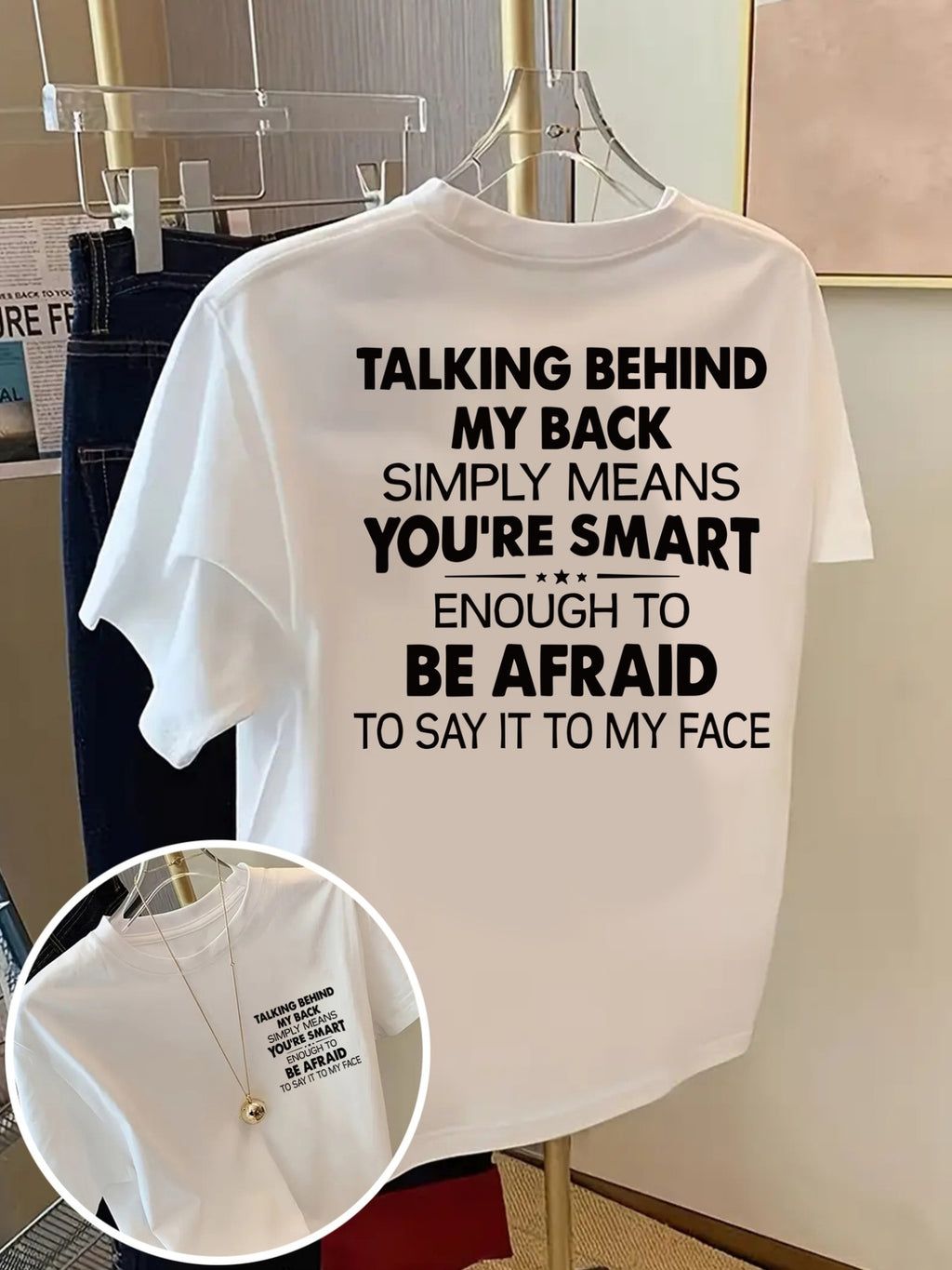 Talking Behind My Back, Smart People Print T-Shirt Short Sleeve Crew Neck Casual Top for Summer Spring, Women'S Clothing - White