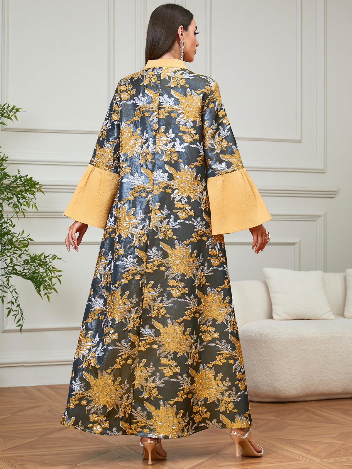 Women' Middle Eastern Kaftan Dress - Heavy & Beaded V-Neck -Line Robe with Loose Fit -Length Gown Suitable for Ramadan, Weddings, Banquets, Daily Wear - Machine Washable Traditional Dress - Yellow