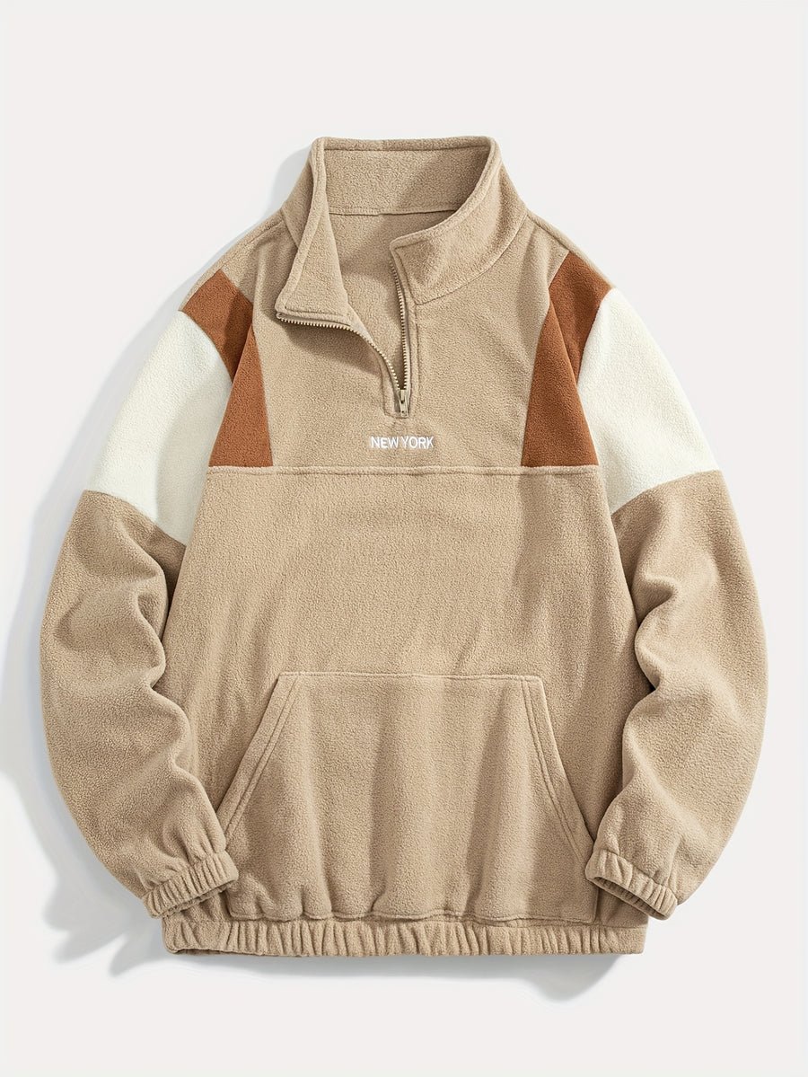 Fleece Color-Blocked Spliced Letter Embroidered Zip-Up Sweatshirt, Men'S Mid-High Collar Half-Zip Pullover Warm Outerwear, Men'S Casual Sportswear with a Trendy Street And Collegiate Style, Suitable for Daily Wear And Casual Outdoor Activities - Khaki