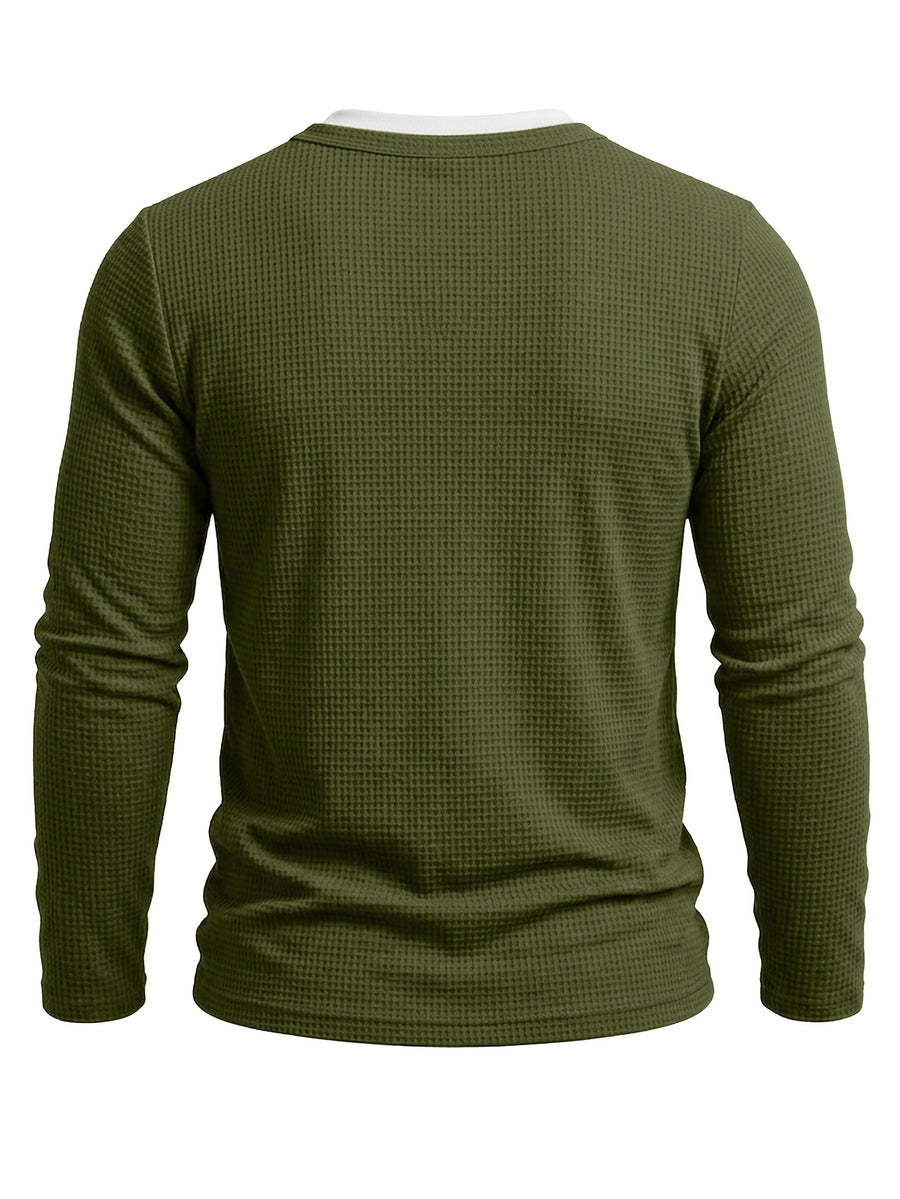 Autumn/Winter Cross-Border Men's Long Sleeve Crew Neck 2-in-1 Look Henley Shirt European and American Men's Pullover Base Layer T-shirt - Olive Green