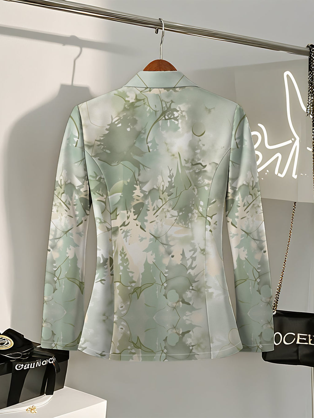 A Stylish and Sophisticated Women's Autumn Jacket, Perfect for Street Style, Parties, and Creating Versatile Campus Looks. It Features a Harmonious Color Palette and a Unique, Trendy Pattern, Offering an Overall Aesthetic of Minimalist Elegance. - Mint Ink Green
