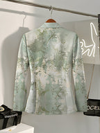 A Stylish and Sophisticated Women's Autumn Jacket, Perfect for Street Style, Parties, and Creating Versatile Campus Looks. It Features a Harmonious Color Palette and a Unique, Trendy Pattern, Offering an Overall Aesthetic of Minimalist Elegance. - Mint Ink Green
