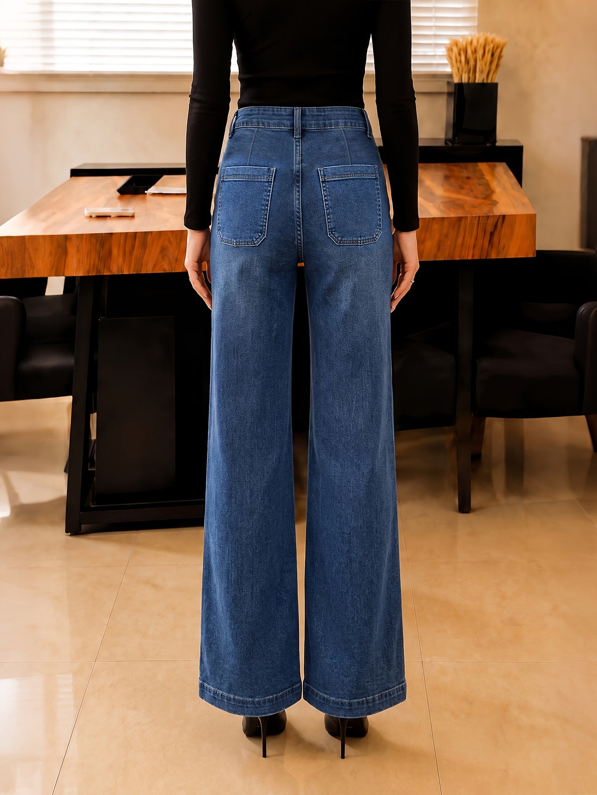 Women'S Straight-Leg Jeans, Vintage Washed Stretch Denim Fabric, Slim Fit, Casual And Versatile Long Pants - Medium Blue
