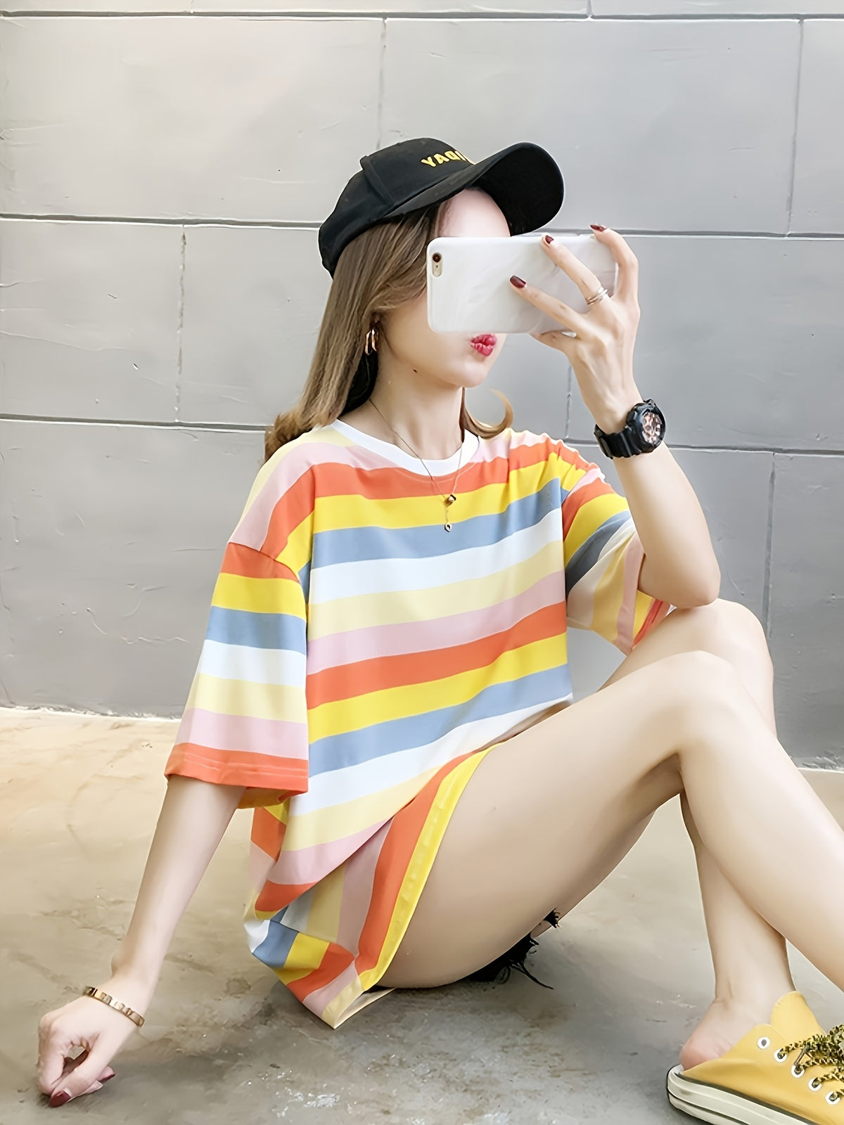 Women's Plus Size Loose Fit Cartoon Print T-Shirt - Pastel Color Block Short Sleeve Round Neck Top, Breathable Medium Stretch Fabric, Long Length Casual Summer Spring Fall Machine Washable, Ladies T Shirts, Trendy Streetwear, Relaxed Fit Tee - Orange