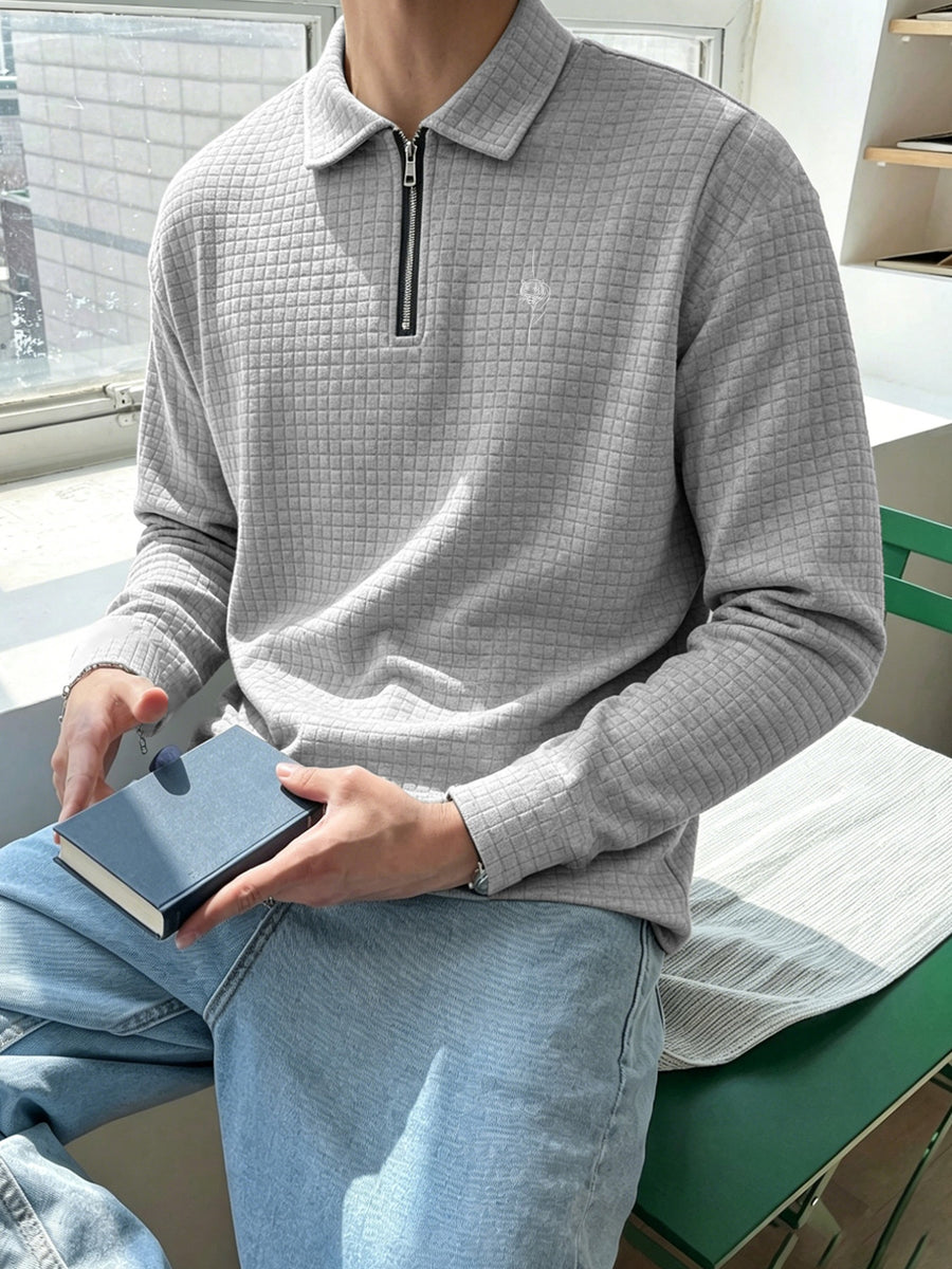 National Charm Tiger Head Line Art Print Floral Waffle Knit Half-Zip Polo Long Sleeve Men's Casual Top, Featuring a Simple and Premium Texture That Complements All Dressing Styles. Easily Create a Minimalist Look, Whether for Daily Commutes - Grey
