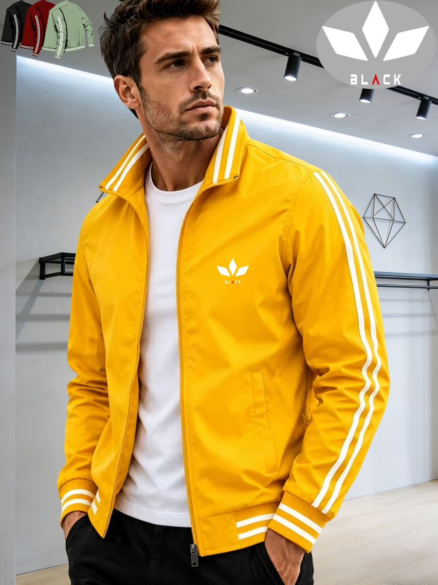 Men's Spring/Autumn Stand Collar Baseball Jacket with "BLACK" Lettering and Diamond Pattern Print, Zipper Front with Contrast Stripes, Lightweight Casual Windproof Sports Jacket - ginger-colored
