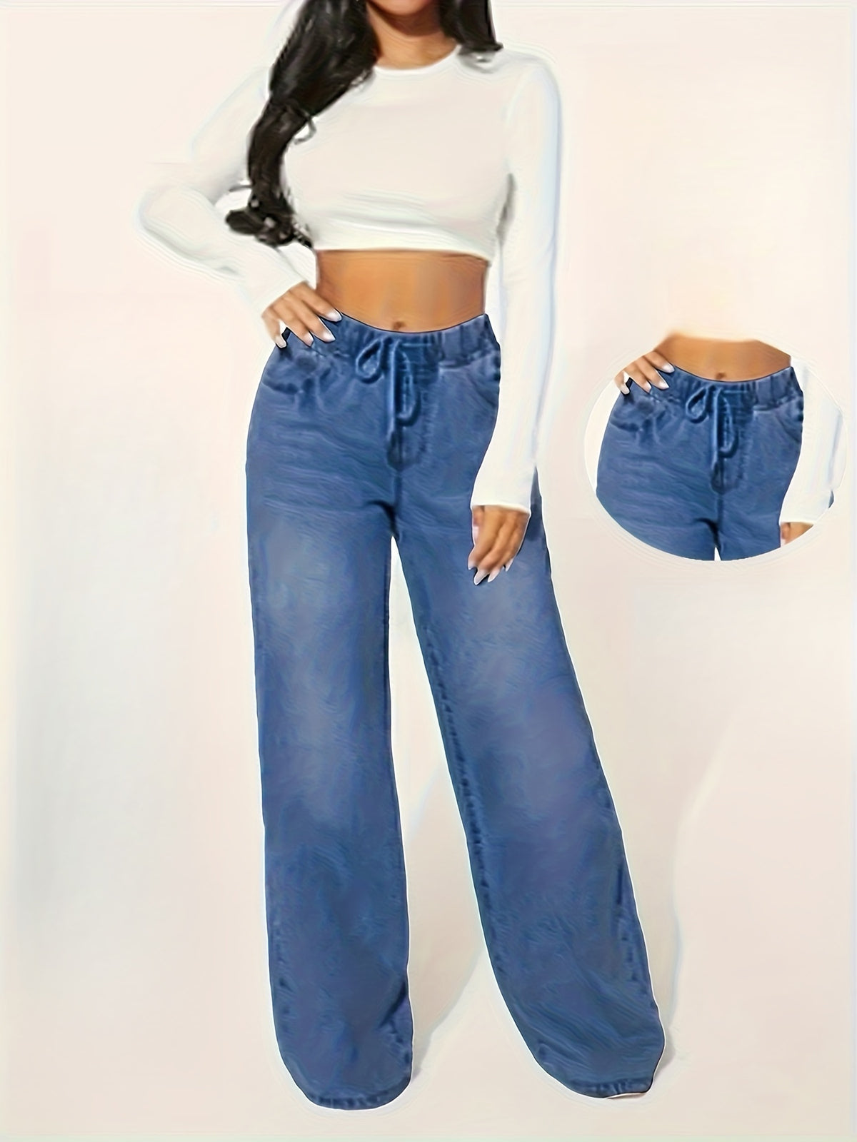 Women's High-Waisted Wide-Leg Jeans Pants - Elastic Waistband & Drawstring Closure, Classic Blue, Slim-Fit Straight Leg Trousers for All-Season Wear, Casual & Dressy Outfits, Timeless Wardrobe Staple (Machine Washable) - Deep Blue
