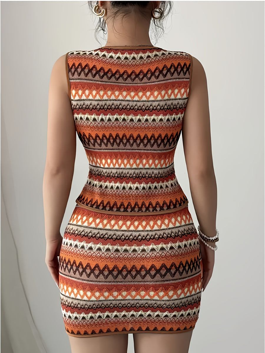 Stylish Casual Striped Vacation Style Sleeveless Top and Skirt Two-Piece Set - Mixed colors