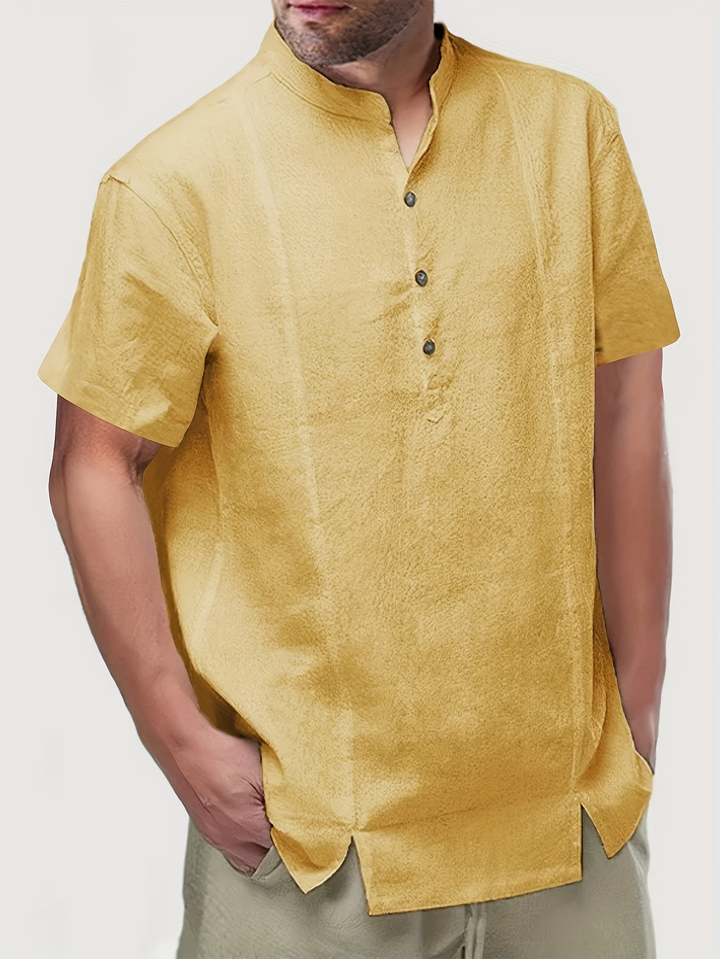 Men'S Henley Shirt | Casual Stand Collar, Slight Stretch Fabric, Button Detail, Solid Color, Regular Fit For Spring/Fall - Bright Yellow