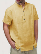 Men'S Henley Shirt | Casual Stand Collar, Slight Stretch Fabric, Button Detail, Solid Color, Regular Fit For Spring/Fall - Bright Yellow