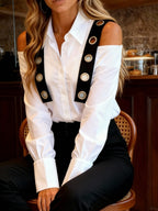Elegant Women'S Commuting Urban Casual Shirt with Eyelet Strap Decoration, Featuring a Long-Sleeve Design And a Sexy Hollow-Out Style - White